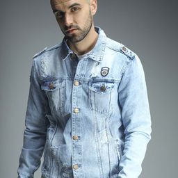 High Star Washed Spread Collar Long Sleeves Shoulder Tabs Denim Jacket-image-29