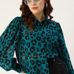 DressBerry Teal Blue & Black Animal Print Shirt Style Top-image-40