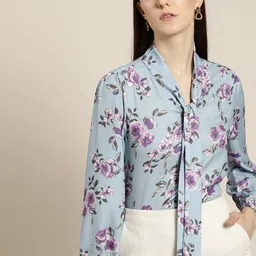 her by invictus Blue & Green Floral Print Tie-Up Neck Top-image-32