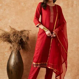 Sangria Round Neck Ethnic Motif Self Designed Kurta & Trousers With Dupatta-30