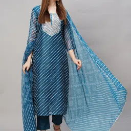 KALINI Leheriya Printed Embroidered Straight Kurta With Trousers & Dupatta-image-34