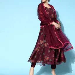 Inddus Women Floral Organza Swirling Volume Kurta Set-picture-26