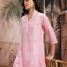 Sangria Schiffli Embroidered Panelled Cotton Kurta with Trousers-19