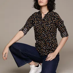 Roadster Print Mandarin Collar Roll-Up Sleeves Top-picture-5