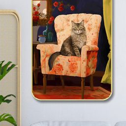 SAF Black & Green Cat Sitting On Chair Printed Wooden Wall Art-image-47