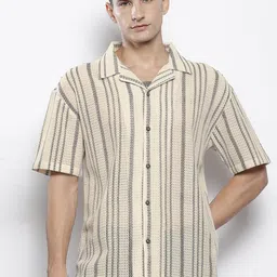 The Indian Garage Co Men Textured Open Weave Knitted Relaxed Fit Shirt-image-91