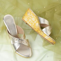 House of Pataudi Women Gold-Toned Handcrafted Ethnic Wedge Sandals-picture-38