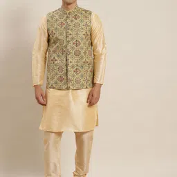 SOJANYA Men Golden Solid Kurta & Churidar Comes With a Nehru Jacket-picture-38