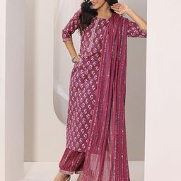 Libas Mauve Floral Printed Round Neck Straight Kurta With Salwar & Dupatta-34