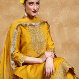 Varanga Floral Yoke Design Round Neck Straight Kurta With Trousers & Dupatta-picture-21