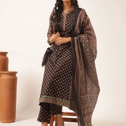 Vbuyz Floral Printed V Neck Pure Cotton A-Line Kurta With Trouser & Dupatta-image-10