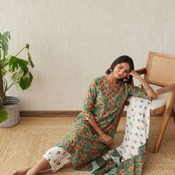 MAAND Ethnic Motifs Printed Pure Cotton A-Line Kurta With Trousers & Dupatta-image-20