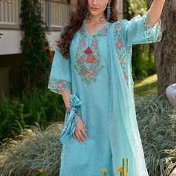 Indo Era Floral Embroidered V Neck Pure Cotton Kurta With Trousers & Dupatta-image-33