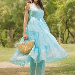 Libas Floral Printed Shoulder Straps Panelled Thread Work Kurta With Trousers-image-78