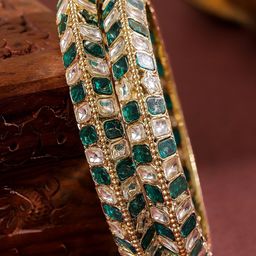 Rubans Set of 2 18K Gold-Plated Emerald Green & White Zirconia Stone Studded Bangles-2