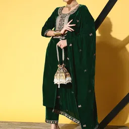 Varanga Women Embroidered Velvet Kurta with Trousers & Embroidered Dupatta-picture-48