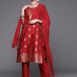 Varanga Women Red & Golden Kurta with Trousers & With Dupatta-image-51