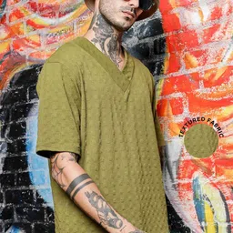 House of Koala Unisex Textured Oversized V-Neck T-shirt-image-98