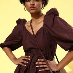 Athena Women Chic Brown Solid Sweetheart Neck Dress-picture-4