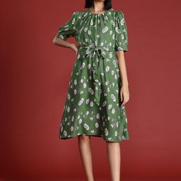 all about you Floral Print Puff Sleeves A-Line Dress with Belt-image-90
