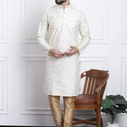 SOJANYA Men Cream-Coloured Embroidered Regular Kurta with Churidar-picture-14