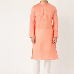 Manyavar Men Peach-Coloured & White Self Design Kurta with Churidar-image-4
