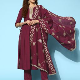Kvsfab Women Burgundy Ethnic Motifs Gotta Patti Kurta With Trousers & Dupatta-picture-7