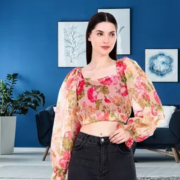 Magnetism Women Pure Organza Floral Printed Crop Top with Elasticated Shoulder-image-93