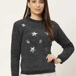 Duke Women Charcoal Grey & Silver Cable Knit Pullover with Embellished Detail-image-8