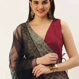 Ethnovog Ready To Wear Maroon N Grey Printed Art Silk Anarkali Set-image-61