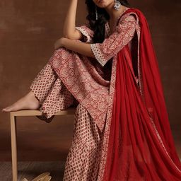 Libas Women Floral Printed Pleated Pure Cotton Kurta with Sharara & With Dupatta-54