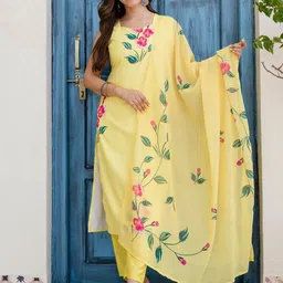 KALINI Women Floral Printed Regular Silk Crepe Kurta with Trousers & With Dupatta-13