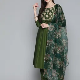 Jompers Yoke Design Pleated Mirror Work Kurta with Trousers & With Dupatta-picture-31