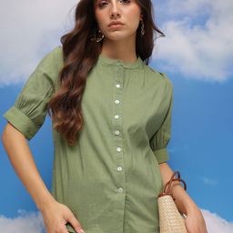 CORSICA Mandarin Collar Puff Sleeve Shirt Style Pure Cotton Crop Top-image-79