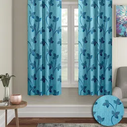 Cortina Blue 2 Pieces Leaf Printed Window Curtains-image-44
