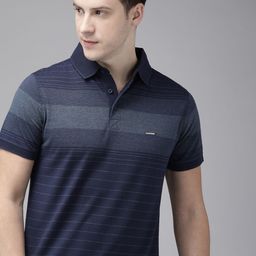 THE BEAR HOUSE Men Navy Blue & White Striped Polo Collar Slim Fit T-shirt-image-60