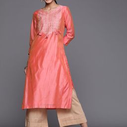 Biba Women Coral Pink & Golden Embroidered Yoke Straight Kurta-image-55