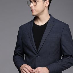 Louis Philippe Men Blue Stripes Slim Fit Single-Breasted Formal Blazer-53