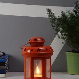 EXIM DECOR Orange Solid Metal T- Light Holder Traditional Table Lantern-37