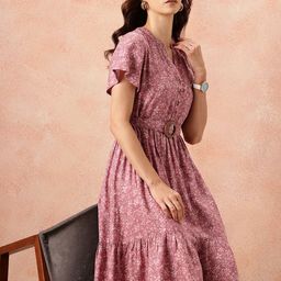all about you Floral Print Flutter Sleeves A-Line Midi Dress with Belt-picture-18