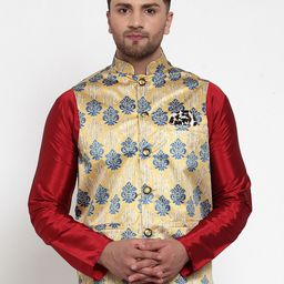 Jompers Men Gold-Coloured & Blue Printed Regular Fit Nehru Jacket-13