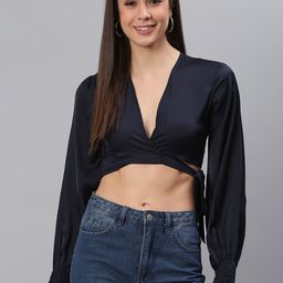 Cation Navy Blue Puff Sleeve Satin Fitted Crop Top-picture-42