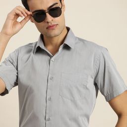 Hancock Solid Chambray Slim Fit Wrinkle Resistant Short Sleeves Formal Shirt-image-13