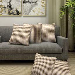 KLOTTHE Yellow & Maroon Set of 5 Checked Square Cushion Covers-1