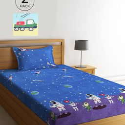 KLOTTHE Blue & Yellow Graphic 210 TC Polycotton 2 Single Bedsheet with 2 Pillow Covers-image-36