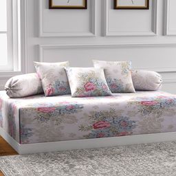 Swayam Off White and Cream Floral Print Diwan Set with Bolster and Cushion Covers-9