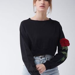 Miss Chase Black Round Neck Full Sleeve Cotton Embroidered Floral Patchwork Boxy Crop Top-image-30