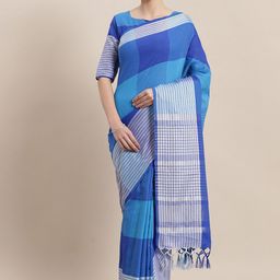 Saree mall Blue & Grey Checked Silk Cotton Sarees-picture-33