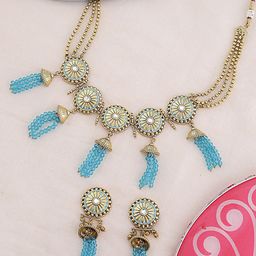 Voylla Gold-Plated & Blue Gwalior Circles and Tassels Drop Necklace Jewellery Set-image-1