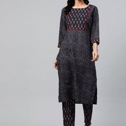 STREET 9 Women Navy Blue & Maroon Printed Cotton Kurta with Trousers-image-68